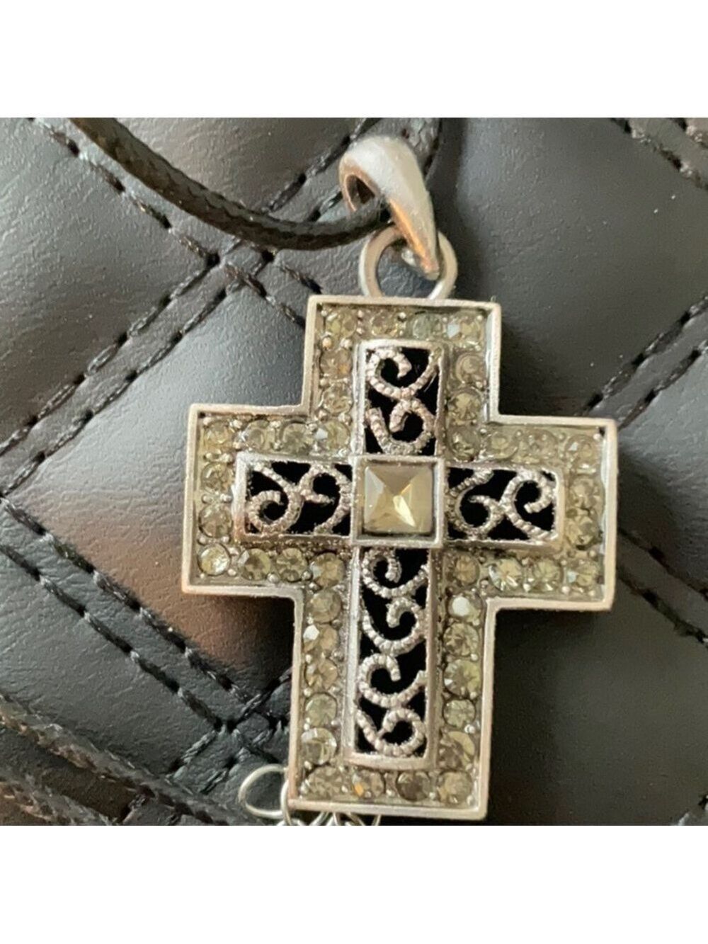 Vintage Filagree Rhinestone Cross Black Leather Necklace